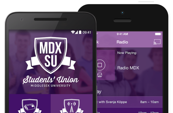 Screenshot of a student media app on Android and iPhone